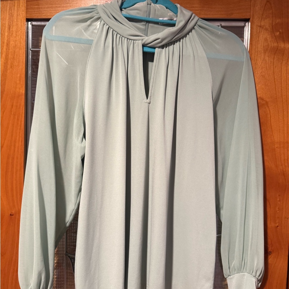 Calvin Klein Lught Sage Green Long Sleeve Blouse with Twisted Neck Accent